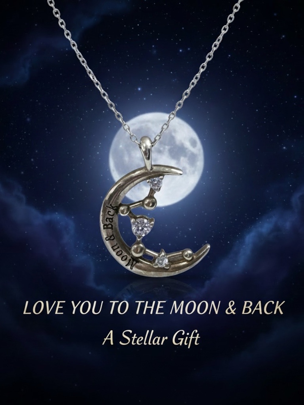 Sterling Silver “Moon & Back” Crescent Moon Necklace 925